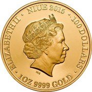 Niue 100 Dollars Centenary. Gallipoli Landing 2015 Proof KM# 1299 ELIZABETH II NIUE 2015 100 DOLLARS IRB 1 OZ 9999 GOLD coin obverse Niue 100 Dollars Centenary. Gallipoli Landing 2015 Proof KM# 1299 ELIZABETH II NIUE 2015 100 DOLLARS IRB 1 OZ 9999 GOLD coin obverse