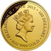 Niue 100 Dollars Mahogany Glider 2015 Proof KM# 1310 ELIZABETH II NIUE 2015 100 DOLLARS 1OZ 9999 GOLD coin obverse Niue 100 Dollars Mahogany Glider 2015 Proof KM# 1310 ELIZABETH II NIUE 2015 100 DOLLARS 1OZ 9999 GOLD coin obverse