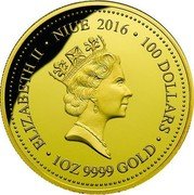 Niue 100 Dollars Blue Tongue Lizard 2016 Proof KM# 1312 ELIZABETH II NIUE 2016 100 DOLLARS 1OZ 9999 GOLD coin obverse Niue 100 Dollars Blue Tongue Lizard 2016 Proof KM# 1312 ELIZABETH II NIUE 2016 100 DOLLARS 1OZ 9999 GOLD coin obverse