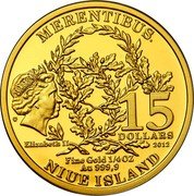 Niue 15 Dollars Bene Merentibus 2012 Proof KM# 898 MERENTIBUS. 15 DOLLARS ELIZABETH II 2012 FINE GOLD 1/4 OZ AU 999.9 NIUE ISLAND coin obverse Niue 15 Dollars Bene Merentibus 2012 Proof KM# 898 MERENTIBUS. 15 DOLLARS ELIZABETH II 2012 FINE GOLD 1/4 OZ AU 999.9 NIUE ISLAND coin obverse