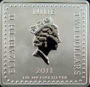 Niue Two Dollars Nickelodeon's Sponge Bob. Gary 2011 Proof KM# 697 ELIZABETH II NIUE TWO DOLLARS 2011 1 OZ 999 FINE SILVER coin obverse Niue Two Dollars Nickelodeon's Sponge Bob. Gary 2011 Proof KM# 697 ELIZABETH II NIUE TWO DOLLARS 2011 1 OZ 999 FINE SILVER coin obverse