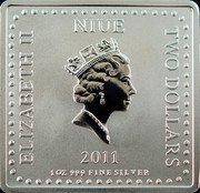 Niue Two Dollars Sponge Bob 2012 Proof KM# 694 ELIZABETH II NIUE TWO DOLLARS 2011 1 OZ 999 FINE SILVER coin obverse Niue Two Dollars Sponge Bob 2012 Proof KM# 694 ELIZABETH II NIUE TWO DOLLARS 2011 1 OZ 999 FINE SILVER coin obverse