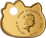 Niue 20 Dollars Hello Kitty. Central Part 2010 Proof KM# 379 QUEEN ELIZABETH II 20 DOLLARS NIUE 2010 ©'76, '10 SANRIO Ⓛ coin obverse Niue 20 Dollars Hello Kitty. Central Part 2010 Proof KM# 379 QUEEN ELIZABETH II 20 DOLLARS NIUE 2010 ©'76, '10 SANRIO Ⓛ coin obverse