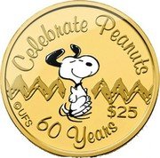 Niue 25 Dollars Peanuts 60th Anniversary 2010 Prooflike KM# 255 CELEBRATE PEANUTS $25 60 YEARS ©UFS coin reverse Niue 25 Dollars Peanuts 60th Anniversary 2010 Prooflike KM# 255 CELEBRATE PEANUTS $25 60 YEARS ©UFS coin reverse