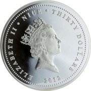 Niue Thirty Dollars Dragon with Pearl 2012 Proof KM# 742 ELIZABETH II NIUE THIRTY DOLLARS RDM 2012 coin obverse Niue Thirty Dollars Dragon with Pearl 2012 Proof KM# 742 ELIZABETH II NIUE THIRTY DOLLARS RDM 2012 coin obverse