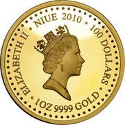 Niue 100 Dollars Ned Kelly 2010 Proof KM# 250 ELIZABETH II NIUE 2010 100 DOLLARS 1 OZ 9999 GOLD coin obverse