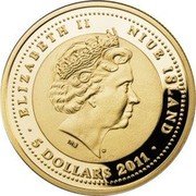 Niue 5 Dollars Year of the Dragon 2011 Proof KM# 623 ELIZABETH II NIUE ISLAND IRB 5 DOLLARS 2011 coin obverse Niue 5 Dollars Year of the Dragon 2011 Proof KM# 623 ELIZABETH II NIUE ISLAND IRB 5 DOLLARS 2011 coin obverse