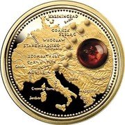 Niue 5 Dollars Amber Route 2011 Proof KM# 689 AQUILEIA CARNUNTUM ELBLĄG GDAŃSK GERMANIA KALININGRAD STARE HRADISKO SZOMBATHELY WROCŁAW coin reverse Niue 5 Dollars Amber Route 2011 Proof KM# 689 AQUILEIA CARNUNTUM ELBLĄG GDAŃSK GERMANIA KALININGRAD STARE HRADISKO SZOMBATHELY WROCŁAW coin reverse