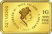 Niue 5 Dollars Polar Bear Bar 2012 Proof KM# 948 ELIZABETH II NIUE ISLAND 5 DOLLARS 2012 1G .9999 FINE GOLD 0211/3000 coin obverse