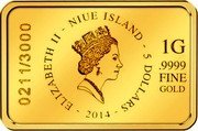 Niue 5 Dollars Baby Elephant Bar 2013 Proof KM# 1026 ELIZABETH II NIUE ISLAND 5 DOLLARS 2014 1G .9999 FINE GOLD 0211/3000 coin obverse Niue 5 Dollars Baby Elephant Bar 2013 Proof KM# 1026 ELIZABETH II NIUE ISLAND 5 DOLLARS 2014 1G .9999 FINE GOLD 0211/3000 coin obverse