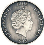 Niue Five Dollars Journeys of Discovery. Marco Polo 2015 KM# 1313 ELIZABETH II NIUE FIVE DOLLARS IRB 2015 coin obverse