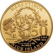 Niue 50 Dollars Bene Merentibus 2012 Proof KM# 827 MERENTIBUS. 50 DOLLARS ELIZABETH II 2012 FINE GOLD 1 OZ AU 999.9 NIUE ISLAND coin obverse Niue 50 Dollars Bene Merentibus 2012 Proof KM# 827 MERENTIBUS. 50 DOLLARS ELIZABETH II 2012 FINE GOLD 1 OZ AU 999.9 NIUE ISLAND coin obverse
