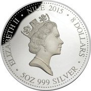 Niue 8 Dollars Year of the Goat 2015 Proof KM# 1308 NIUE 2015 8 DOLLARS 5 OZ 999 SILVER ELIZABETH II coin obverse Niue 8 Dollars Year of the Goat 2015 Proof KM# 1308 NIUE 2015 8 DOLLARS 5 OZ 999 SILVER ELIZABETH II coin obverse