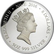 Niue 8 Dollars Year of the Monkey 2016 Proof KM# 1311 ELIZABETH II NIUE 2016 8 DOLLARS 5OZ 999 SILVER coin obverse Niue 8 Dollars Year of the Monkey 2016 Proof KM# 1311 ELIZABETH II NIUE 2016 8 DOLLARS 5OZ 999 SILVER coin obverse