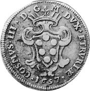Italy 1/2 Pezza Della Rosa Cosimo III 1697 KM# 31 COSMVS III D G M DVX ETRVRIAE 1697 coin obverse