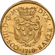 Italy 1/2 Pezza D'oro 1718 KM# 41 Livorno/ City Standard Coinage coin obverse Italy 1/2 Pezza D'oro 1718 KM# 41 Livorno/ City Standard Coinage coin obverse