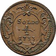 Italy 1/2 Soldo (Mezzo Soldo) Carlo VI 1733 KM# 1 SOLDO 1/2 1733 coin reverse Italy 1/2 Soldo (Mezzo Soldo) Carlo VI 1733 KM# 1 SOLDO 1/2 1733 coin reverse