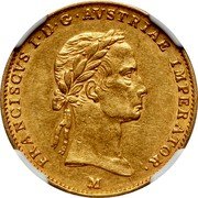 Italy 1/2 Sovrano Francesco I 1835 M C# 10a.2 FRANCISCVS I D G AVSTRIAE IMPERATOR M coin obverse Italy 1/2 Sovrano Francesco I 1835 M C# 10a.2 FRANCISCVS I D G AVSTRIAE IMPERATOR M coin obverse