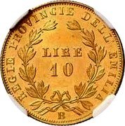 Italy 10 Lira Vittorio Emanuele II 1860 R DB//B KM# 14 REGIE PROVINCIE DELL' EMILIA LIRE 10 B coin reverse Italy 10 Lira Vittorio Emanuele II 1860 R DB//B KM# 14 REGIE PROVINCIE DELL' EMILIA LIRE 10 B coin reverse