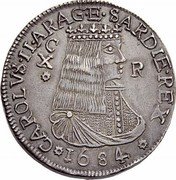 Italy 10 Reale Carlo II 1684 KM# 23 CAROLVS II ARAG E SARDIE REX C X R 1684 coin obverse Italy 10 Reale Carlo II 1684 KM# 23 CAROLVS II ARAG E SARDIE REX C X R 1684 coin obverse