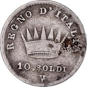 Italy 10 Soldi Napoleon I 1812 V C# 6.2 REGNO D’ ITALIA 10 SOLDI V coin reverse Italy 10 Soldi Napoleon I 1812 V C# 6.2 REGNO D’ ITALIA 10 SOLDI V coin reverse