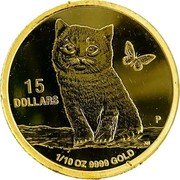 Tuvalu 15 Dollars (Cat and Butterfly) 15 DOLLARS P 1/10 OZ 9999 GOLD AH coin reverse Tuvalu 15 Dollars (Cat and Butterfly) 15 DOLLARS P 1/10 OZ 9999 GOLD AH coin reverse