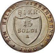 Italy 15 Soldi (8-1/2 Kreuzer) Francesco II 1802 A KM# 48 EIN HALBER SIEBENZEHNER 8 1/2 KR 15 SOLDI A 1802 coin reverse Italy 15 Soldi (8-1/2 Kreuzer) Francesco II 1802 A KM# 48 EIN HALBER SIEBENZEHNER 8 1/2 KR 15 SOLDI A 1802 coin reverse