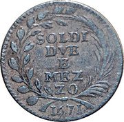 Italy 2 1/2 Soldo Genoa Coinage 1671 KM# 144 SOLDI DVE E MEZZO 1671 coin reverse Italy 2 1/2 Soldo Genoa Coinage 1671 KM# 144 SOLDI DVE E MEZZO 1671 coin reverse