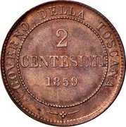 Italy 2 Centesimi Vittorio Emanuele II 1859 KM# 5 GOVERNO DELLA TOSCANA 2 CENTESIMI 1859 coin reverse Italy 2 Centesimi Vittorio Emanuele II 1859 KM# 5 GOVERNO DELLA TOSCANA 2 CENTESIMI 1859 coin reverse