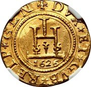 Italy 2 Doppie Conrad II 1624 GF KM# 28 DVX ET GVB REIP GEN coin obverse Italy 2 Doppie Conrad II 1624 GF KM# 28 DVX ET GVB REIP GEN coin obverse