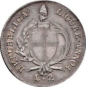 Italy 2 Lira Ligurian Republic Coinage 1798 KM# 264 REPUBBLICA LIGURE ANNO 1 L. 2 coin obverse Italy 2 Lira Ligurian Republic Coinage 1798 KM# 264 REPUBBLICA LIGURE ANNO 1 L. 2 coin obverse