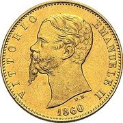 Italy 20 Lira Vittorio Emanuele II 1860 DB//B Stack's Hammel sale 9-82 XF realized $24,000; Stack's International sale 3-88 Gem BU realized $16,500 KM# 15 VITTORIO EMANUELE II 1860 DB coin obverse Italy 20 Lira Vittorio Emanuele II 1860 DB//B Stack's Hammel sale 9-82 XF realized $24,000; Stack's International sale 3-88 Gem BU realized $16,500 KM# 15 VITTORIO EMANUELE II 1860 DB coin obverse