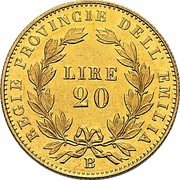 Italy 20 Lira Vittorio Emanuele II 1860 DB//B Stack's Hammel sale 9-82 XF realized $24,000; Stack's International sale 3-88 Gem BU realized $16,500 KM# 15 REGIE PROVINCIE DELL' EMILIA LIRE 20 B coin reverse Italy 20 Lira Vittorio Emanuele II 1860 DB//B Stack's Hammel sale 9-82 XF realized $24,000; Stack's International sale 3-88 Gem BU realized $16,500 KM# 15 REGIE PROVINCIE DELL' EMILIA LIRE 20 B coin reverse
