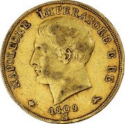 Italy 20 Lire Napoleon I 1809 M KM# 11 NAPOLEONE IMPERATORE E RE 1811 M coin obverse Italy 20 Lire Napoleon I 1809 M KM# 11 NAPOLEONE IMPERATORE E RE 1811 M coin obverse