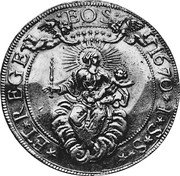 Italy 25 Doppie Madonna and Child. Genoa 1670 KM# 87 ET REG EOS 1670 I S S coin obverse Italy 25 Doppie Madonna and Child. Genoa 1670 KM# 87 ET REG EOS 1670 I S S coin obverse
