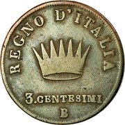 Italy 3 Centesimi Napoleon I 1808 B C# 2.1 REGNO D’ ITALIA 3 CENTESIMI B coin reverse Italy 3 Centesimi Napoleon I 1808 B C# 2.1 REGNO D’ ITALIA 3 CENTESIMI B coin reverse