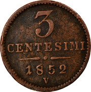Italy 3 Centesimi Franz Joseph I 1852 V C# 30.2 3 CENTESIMI 1852 V coin reverse Italy 3 Centesimi Franz Joseph I 1852 V C# 30.2 3 CENTESIMI 1852 V coin reverse