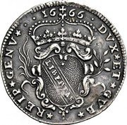 Italy 4 Reals St. George. Genoa 1666 KM# 123 16 66 DVX ET GVB REIP GENV LIBERTAS coin obverse Italy 4 Reals St. George. Genoa 1666 KM# 123 16 66 DVX ET GVB REIP GENV LIBERTAS coin obverse