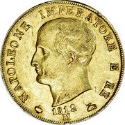Italy 40 Lire Napoleon I 1812 M KM# 12 NAPOLEONE IMPERATORE E RE 1811 M coin obverse Italy 40 Lire Napoleon I 1812 M KM# 12 NAPOLEONE IMPERATORE E RE 1811 M coin obverse