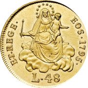 Italy 48 Lira Madonna and Child. Genoa 1795 KM# 245 ET REGE EOS 1794 L. 48 coin reverse Italy 48 Lira Madonna and Child. Genoa 1795 KM# 245 ET REGE EOS 1794 L. 48 coin reverse