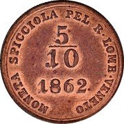Italy 5/10 Soldo Franz Joseph I 1862 B C# 34.2 MONETA SPICCIOLA PEL R LOMB VENETO 5/10 1862 coin reverse Italy 5/10 Soldo Franz Joseph I 1862 B C# 34.2 MONETA SPICCIOLA PEL R LOMB VENETO 5/10 1862 coin reverse