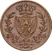 Italy 5 Centesimi Vittorio Emanuele II 1826 MV For KM#1, 2 and 3 with eagle head and anchor mint marks, see Sardinia KM#125-127. Mintage in 1859-1860 KM# 3 M V coin reverse Italy 5 Centesimi Vittorio Emanuele II 1826 MV For KM#1, 2 and 3 with eagle head and anchor mint marks, see Sardinia KM#125-127. Mintage in 1859-1860 KM# 3 M V coin reverse