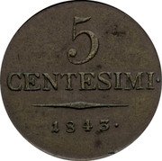 Italy 5 Centesimi Ferdinand I 1843 V C# 14.2 5 CENTESIMI 1843 coin reverse Italy 5 Centesimi Ferdinand I 1843 V C# 14.2 5 CENTESIMI 1843 coin reverse