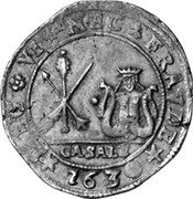 Italy 5 Fiorini 1630 KM# 56 Casale/ Siege Coinage NEC VI NEC FRAVDE CASAL 1630 coin reverse Italy 5 Fiorini 1630 KM# 56 Casale/ Siege Coinage NEC VI NEC FRAVDE CASAL 1630 coin reverse