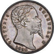 Italy 5 Lira Vittorio Emanuele II 1859 R FERRARIS//BOLOGNA KM# 13 VITTORIO EMANUELE II 1859 FERRARIS coin obverse Italy 5 Lira Vittorio Emanuele II 1859 R FERRARIS//BOLOGNA KM# 13 VITTORIO EMANUELE II 1859 FERRARIS coin obverse