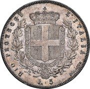 Italy 5 Lira Vittorio Emanuele II 1859 R FERRARIS//BOLOGNA KM# 13 DIO PROTEGGE L'ITALIA L 5 BOLOGNA coin reverse Italy 5 Lira Vittorio Emanuele II 1859 R FERRARIS//BOLOGNA KM# 13 DIO PROTEGGE L'ITALIA L 5 BOLOGNA coin reverse