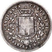 Italy 50 Centesimi Vittorio Emanuele II 1860 G//FIRENZE KM# 11 CINQUANTA CENTESIMI FIRENZE 1860 coin reverse Italy 50 Centesimi Vittorio Emanuele II 1860 G//FIRENZE KM# 11 CINQUANTA CENTESIMI FIRENZE 1860 coin reverse