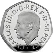 UK 50 Pence (Charles III Official Coinage Portrait First Featuring) CHARLES III D G REX F D 50 PENCE MJ coin obverse UK 50 Pence (Charles III Official Coinage Portrait First Featuring) CHARLES III D G REX F D 50 PENCE MJ coin obverse