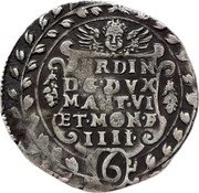 Italy 6 Grossi Ferdinando Gonzaga ND KM# 30 FERDIN D G DVX MANT VI ET MONF IIII coin obverse Italy 6 Grossi Ferdinando Gonzaga ND KM# 30 FERDIN D G DVX MANT VI ET MONF IIII coin obverse