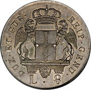 Italy 8 Lira Genoa Coinage 1796 KM# 249 DUX ET GUB REIP GENU L 8 coin obverse Italy 8 Lira Genoa Coinage 1796 KM# 249 DUX ET GUB REIP GENU L 8 coin obverse